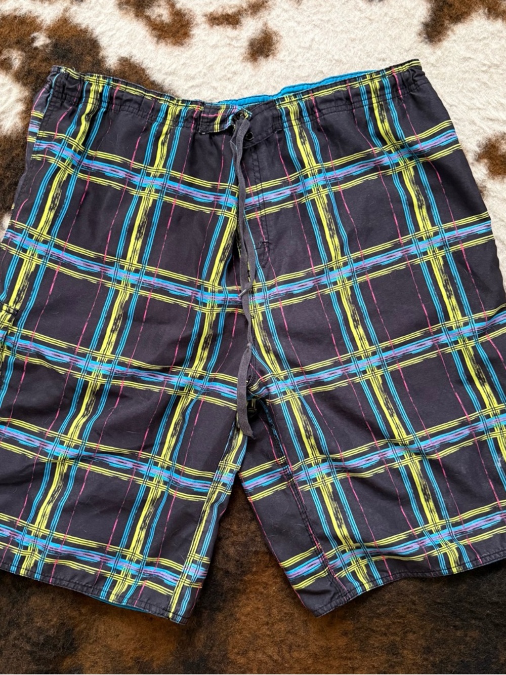 burnside Black Plaid Swim Shorts with Yellow & Blue Lines